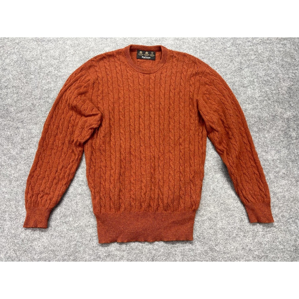 Barbour Sweater Mens Large Orange Lambswool Cable Knit Crew Neck Made Scotland